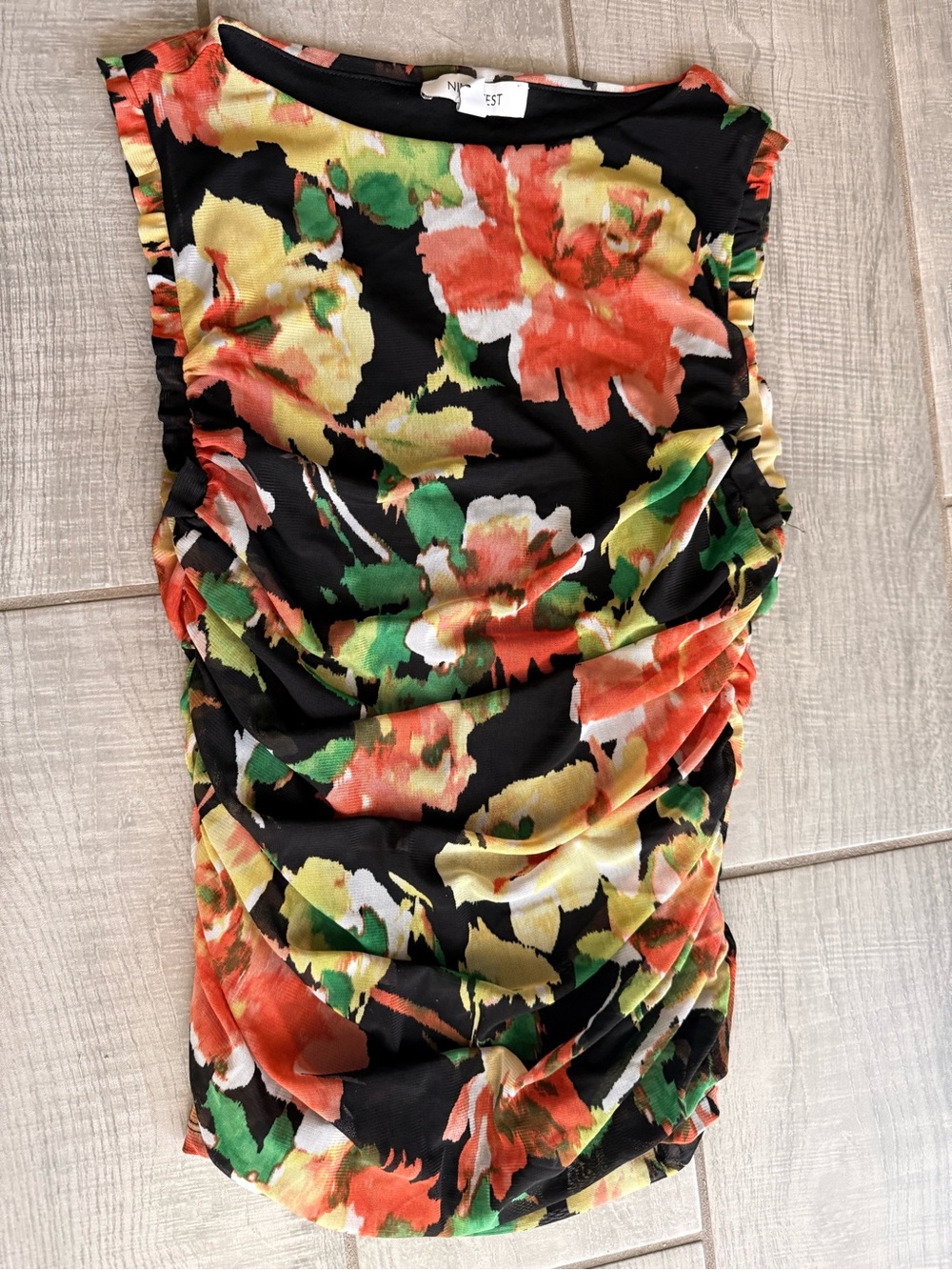 Nine West Black Floral Print Sleeveless Top with Coral and Yellow Blooms